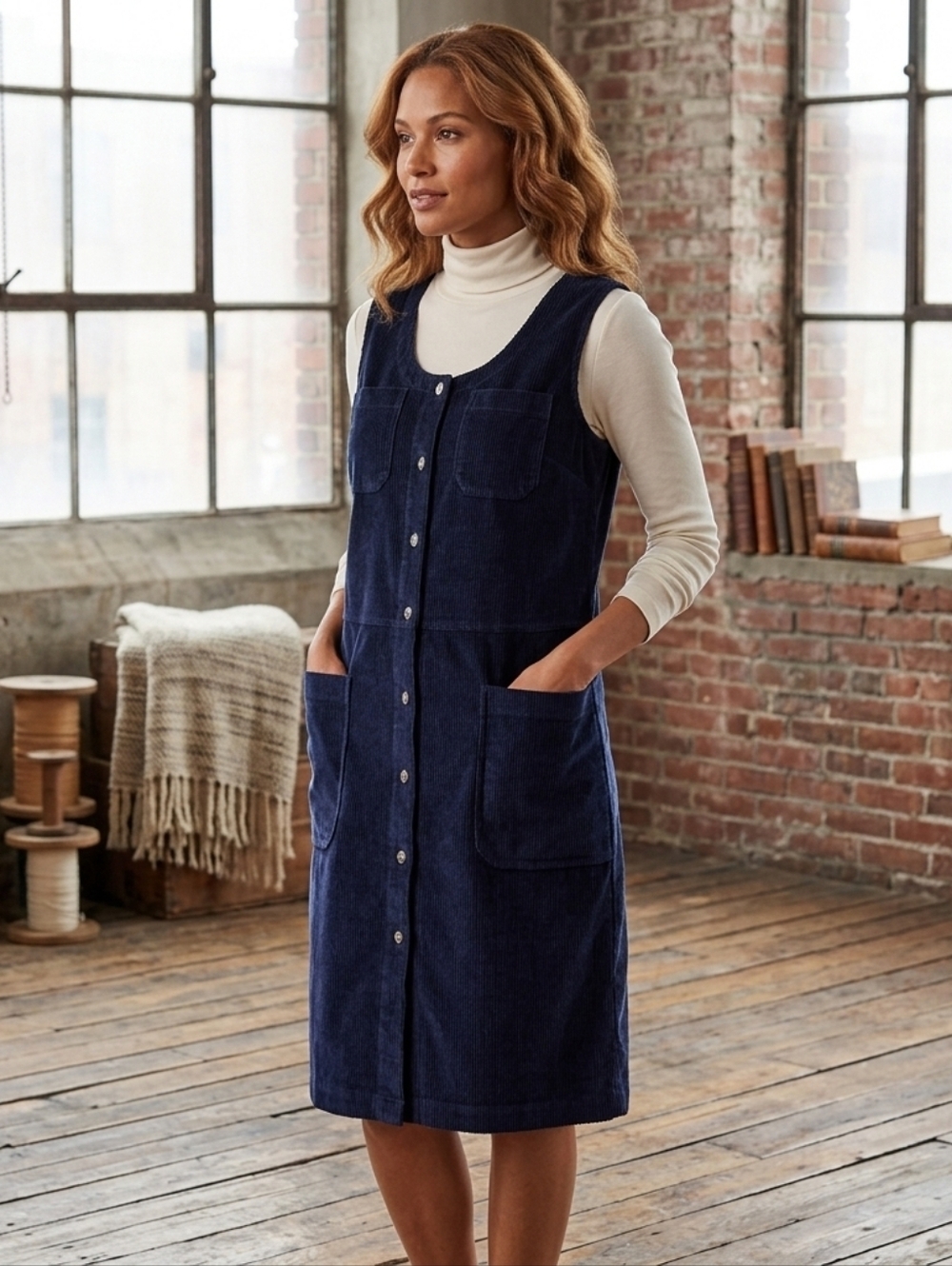 Dark Blue Corduroy Button Front Jumper Dress Pinafore Style